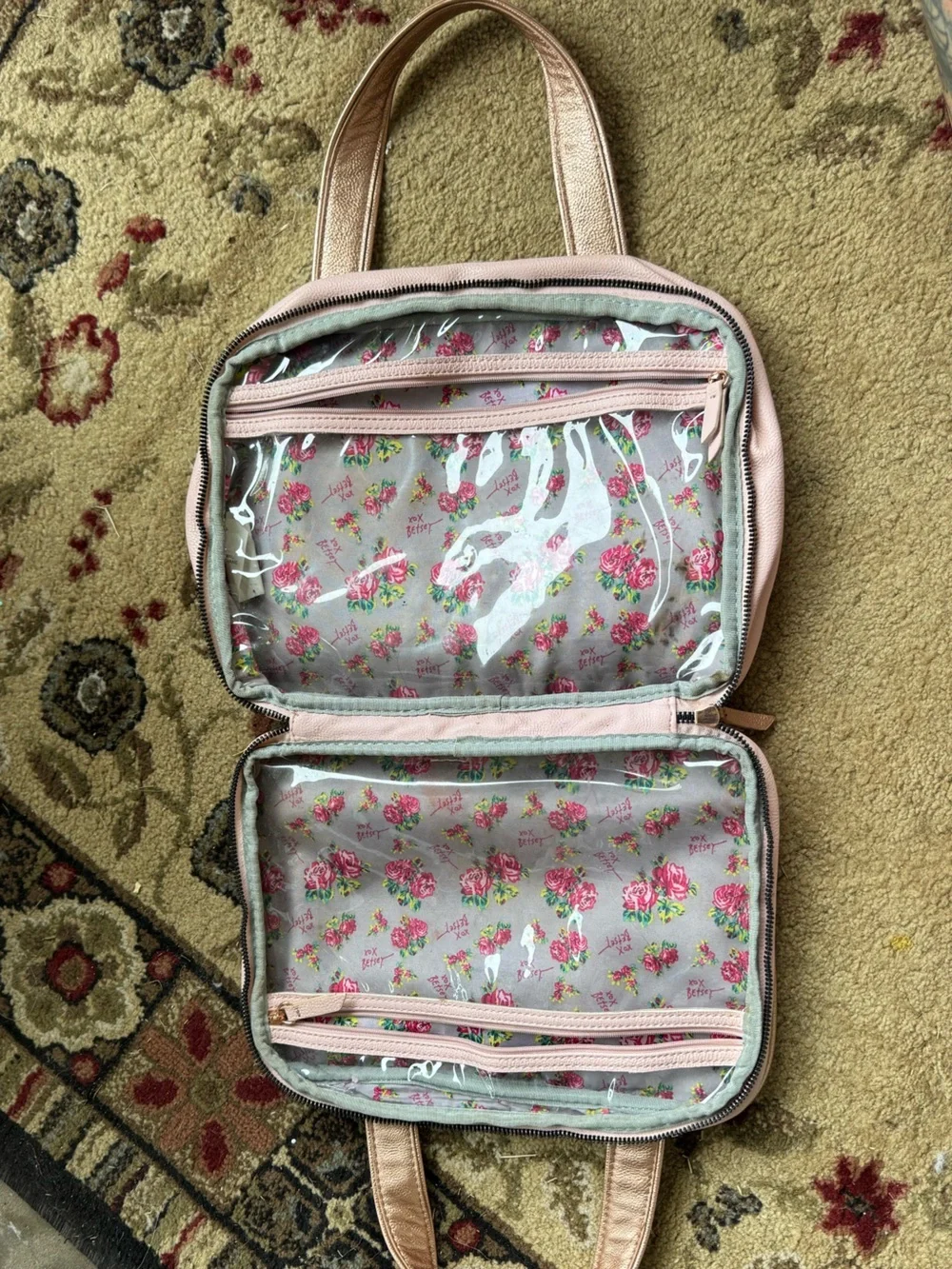 Betsey Johnson Pink Rose Gold Floral Bow Travel Cosmetic Bag